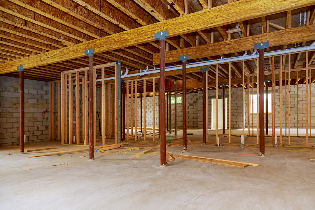 Interior frame of a new basement under construction