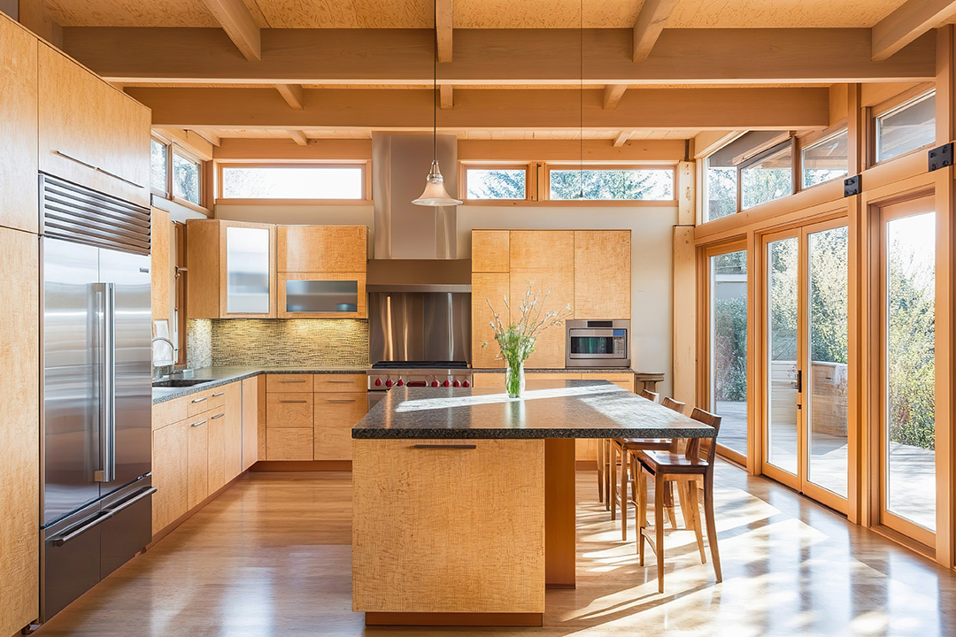 Eco friendly kitchen design using sustainable materials and natural light in a modern home