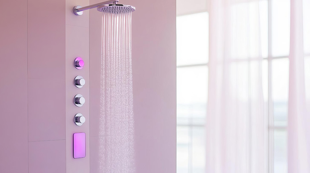 High-tech spa shower with touch controls, adjustable jets, and chromotherapy