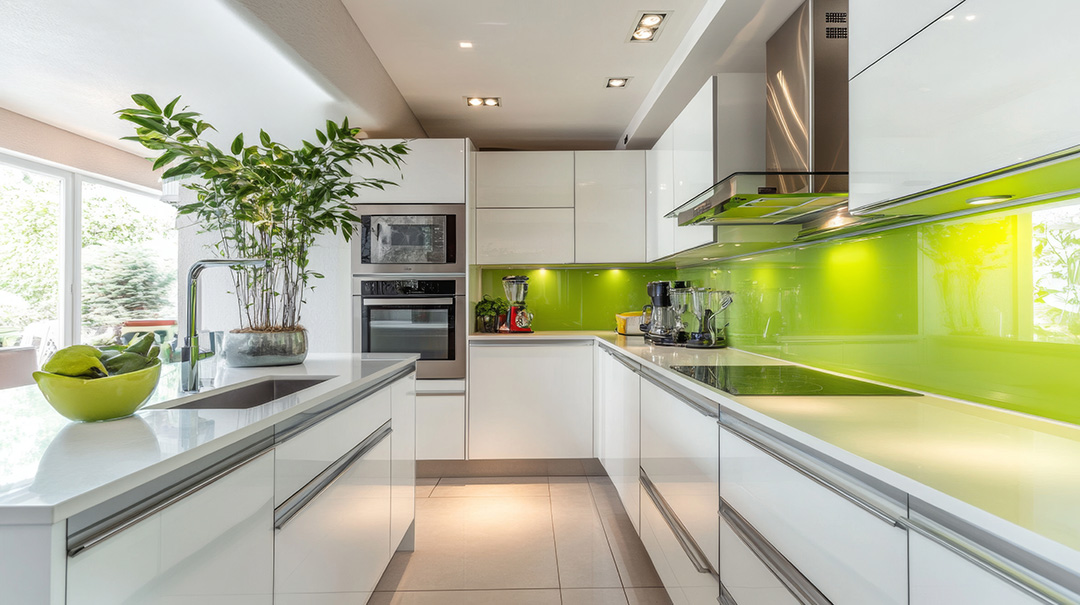 Modern kitchen interior with green accents and bright natural light during the day