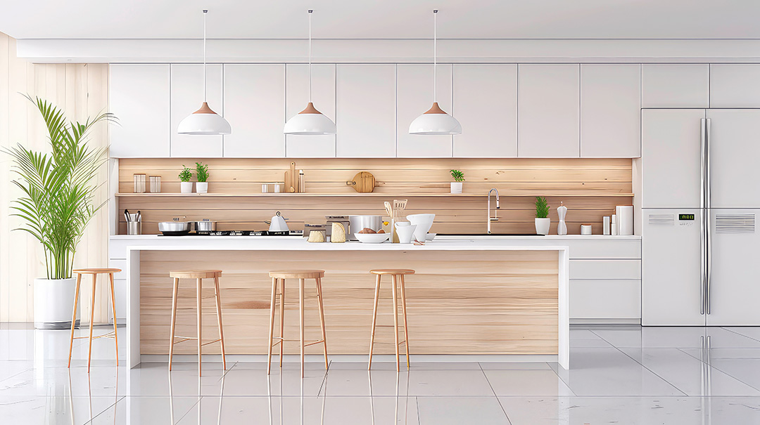 A modern kitchen with white cabinets, a wooden backsplash, a stainless steel refrigerator, and four bar stools.