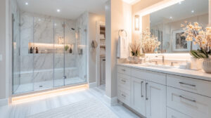 Transforming a small, outdated bathroom into a modern space with a walk-in shower and sleek floating vanity highlights the dramatic difference in design and functionality. Soft ambient lighting enhances the fresh, clean atmosphere of the new layout.