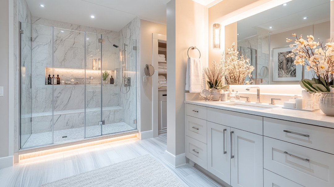 Transforming a small, outdated bathroom into a modern space with a walk-in shower and sleek floating vanity highlights the dramatic difference in design and functionality. Soft ambient lighting enhances the fresh, clean atmosphere of the new layout.