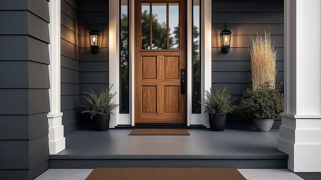 Inviting entrance of a contemporary house featuring a stylish wooden door, elegant lamps, and potted plants, creating a welcoming atmosphere