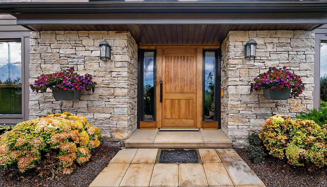 charming stone house entrance with installed stone veneer wooden