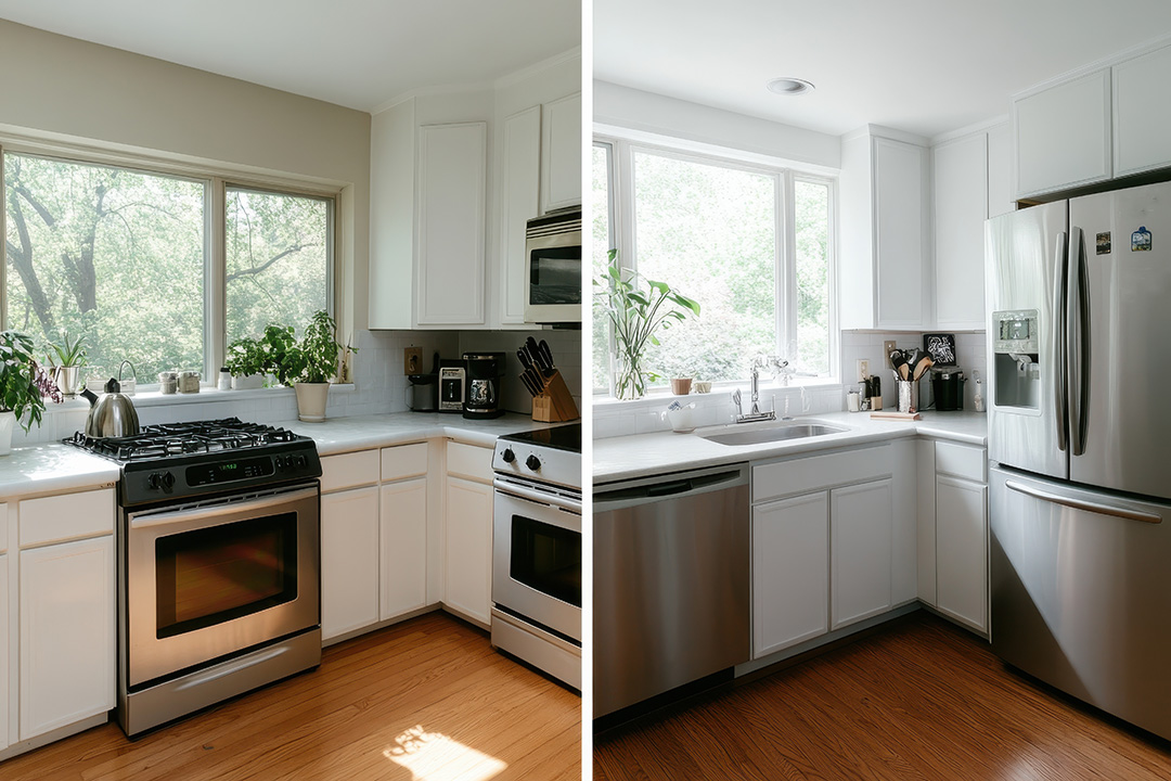 The image displays a kitchen before and after renovation