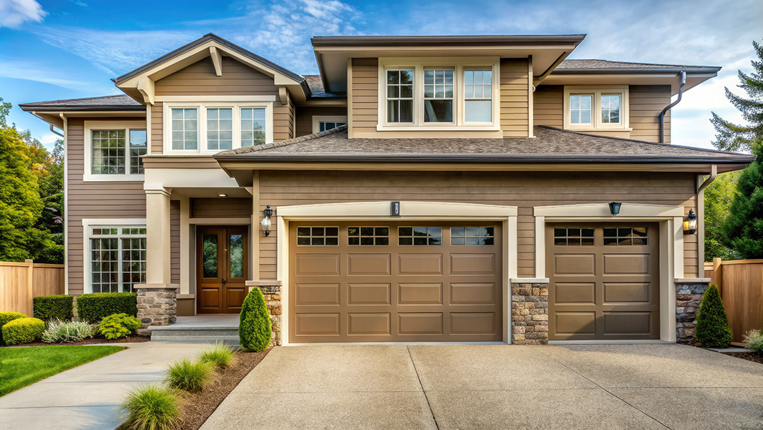 A beautiful, modern garage door with a neutral tone and windows, situated in a well-manicured suburban home's exterior, exuding warmth and curb appeal.